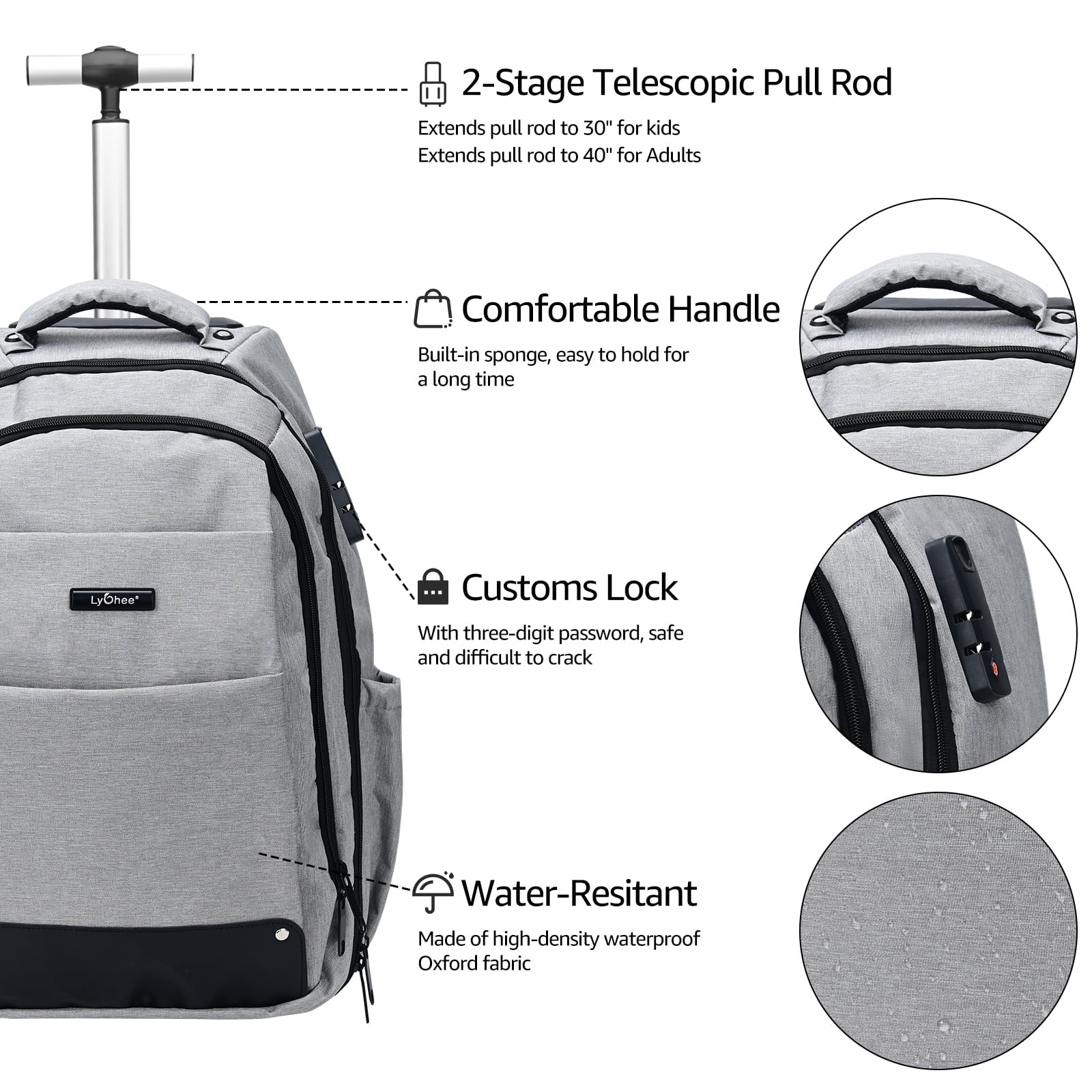 18In Rolling Backpack, Lightweight Unisex Business College Backpacks with Wheels, Waterproof Luggage Trolley Laptop Backpacks with Shoulder Straps, Grey