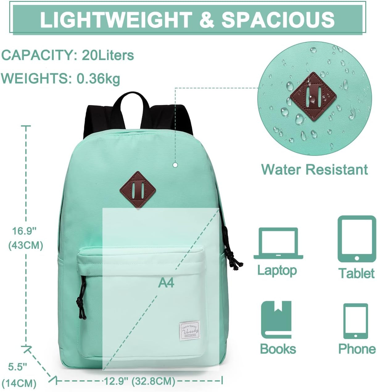 Lightweight Backpack for School, Classic Basic Water Resistant Casual Daypack for Travel with Bottle Side Pockets (Aqua)