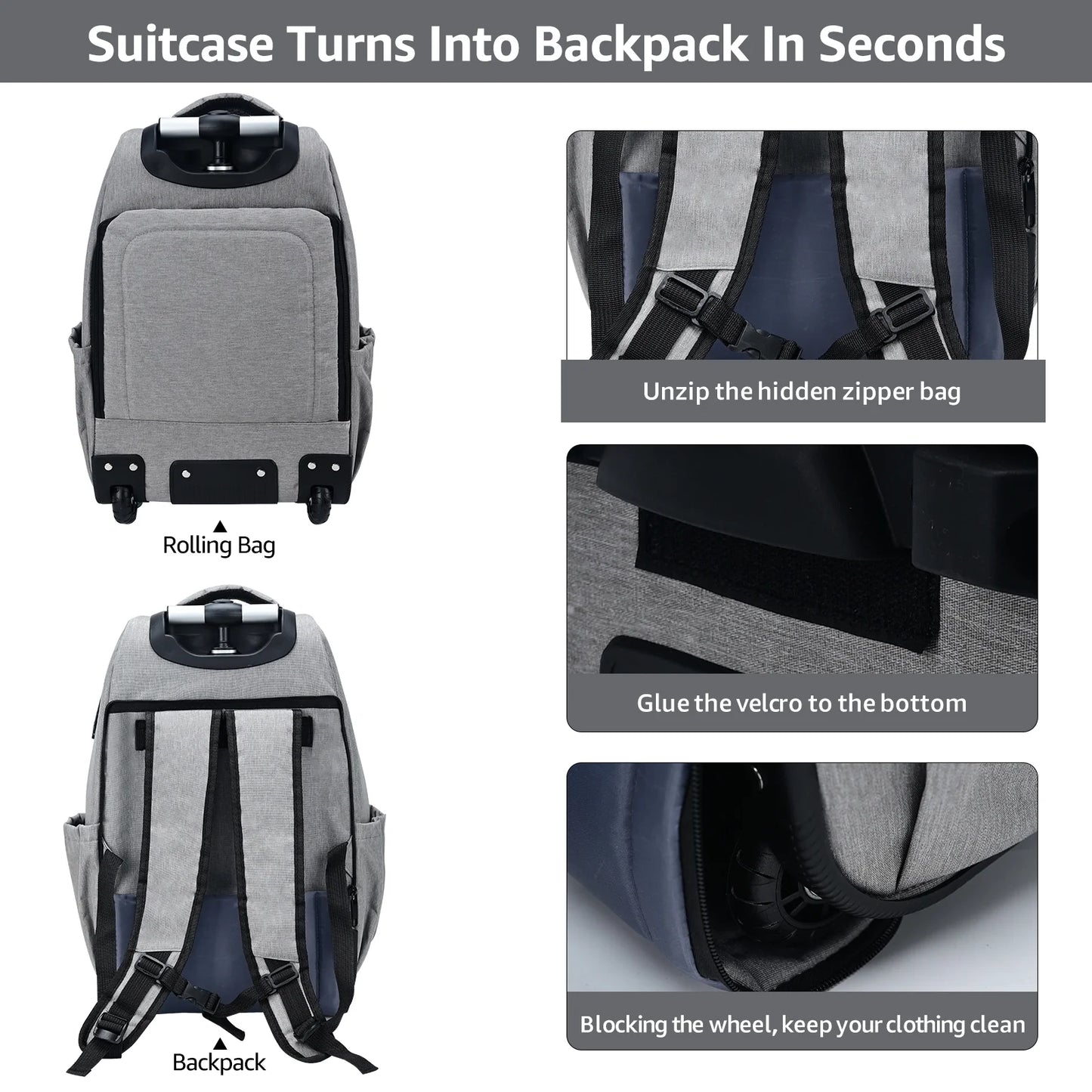 18In Rolling Backpack, Lightweight Unisex Business College Backpacks with Wheels, Waterproof Luggage Trolley Laptop Backpacks with Shoulder Straps, Grey