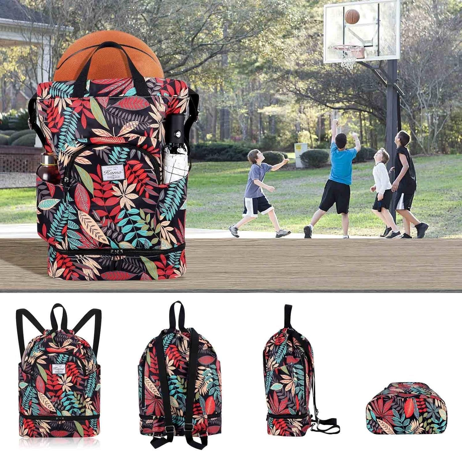 Drawstring Backpack Bag - Sport Swimming Yoga Backpack with Shoe Compartment, Two Water Bottle Holder for Men Women Large String Backpack Athletic Sackpack for Travel