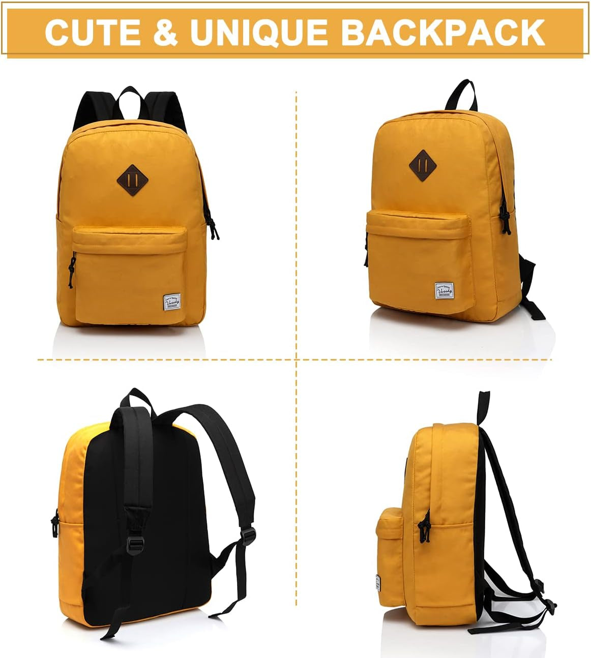 Lightweight Backpack for School, Classic Basic Water Resistant Casual Day-Pack for Travel with Bottle Side Pockets (Gold)