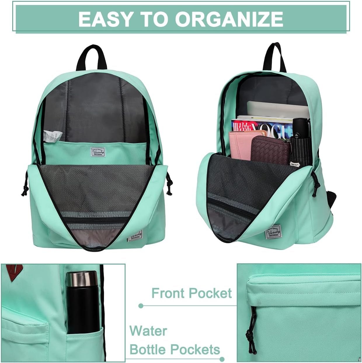 Lightweight Backpack for School, Classic Basic Water Resistant Casual Daypack for Travel with Bottle Side Pockets (Aqua)