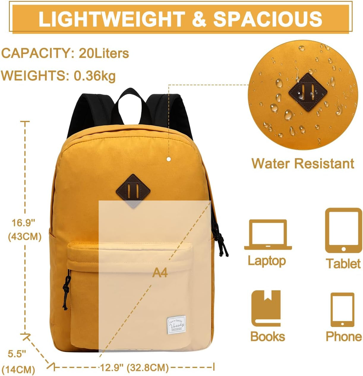 Lightweight Backpack for School, Classic Basic Water Resistant Casual Day-Pack for Travel with Bottle Side Pockets (Gold)